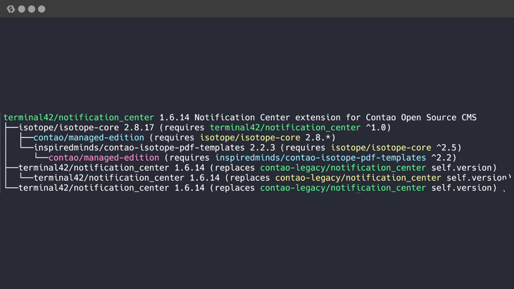 Ergebnis Befehl php composer.phar depends -t terminal42/notification_center