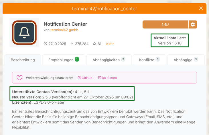 Unterstützte Contao-Version(en) der Erweiterung Notification Center