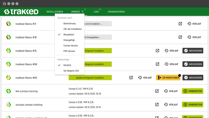 Geöffnetes Dropdown in trakked um die Möglichkeiten der Sortierung anzuzeigen