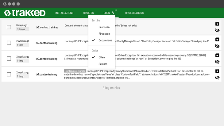 Open dropdown menu with sorting options for logs in trakked