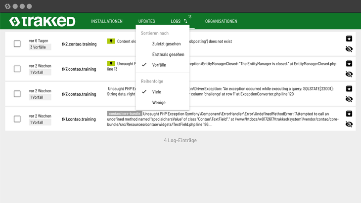 Geöffnetes Dropdown mit Sortiermöglichkeiten bei den Logs in trakked